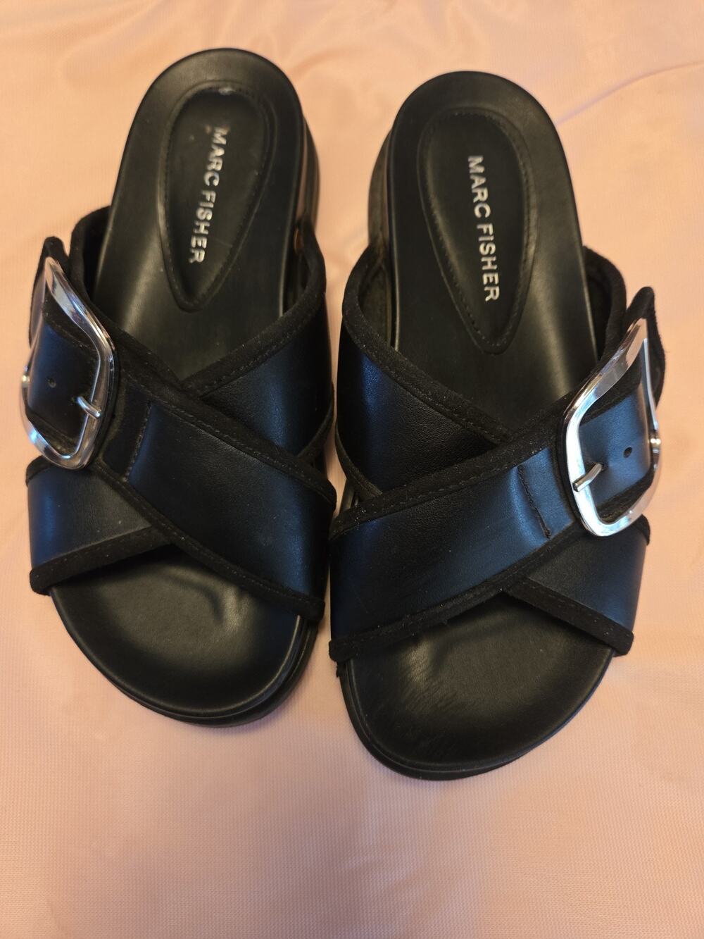 Marc Fisher Big Buckle Slip On Faux Leather Sandals. Like New